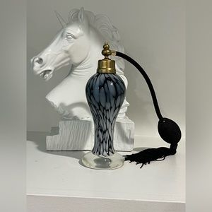 Vintage Black and White Hand-Blown Art Glass Perfume Bottle & Atomizer